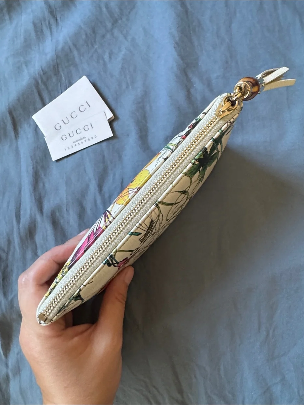 Gucci White Floral & Butterfly Zip Pouch with Tassel